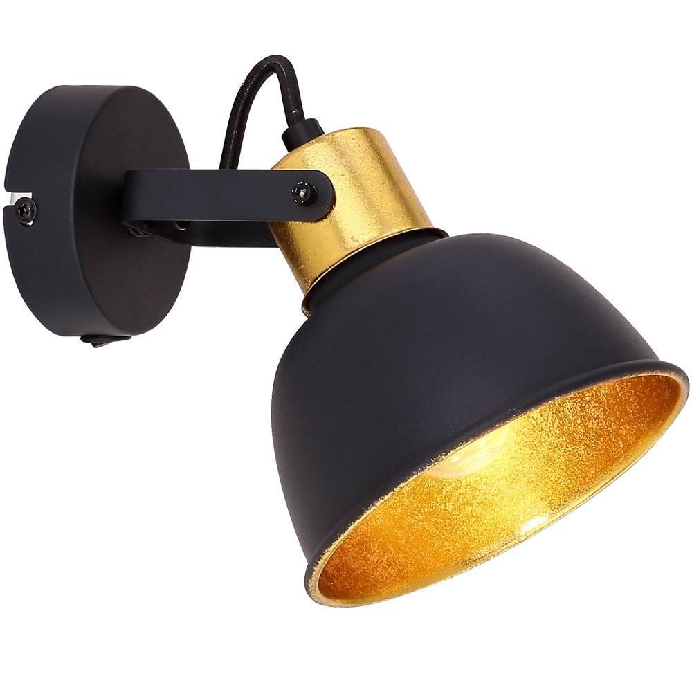 Wandleuchte schwenkbar Wandlampe Wohnzimmer schwarz Strahler Wand Modern, mit Schalter, gold Akzente, 1x E14, BxH 13x14 cm