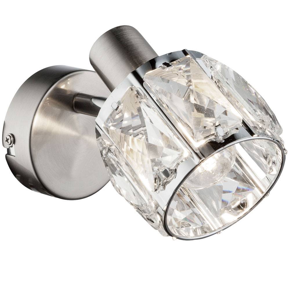 Wandleuchte Glaskristalle Schalter Wohnzimmer Chrom Innen Beleuchtung nickel matt, beweglicher Spot, 1x E14, H 12,5 cm