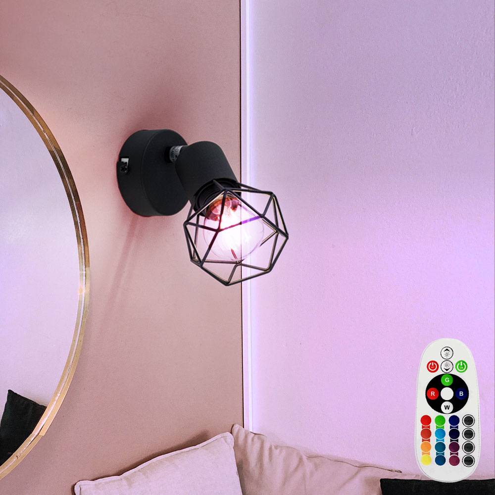 Wand Spot Leuchte Fernbedienung Strahler Käfig Gitter Lampe dimmbar schwarz verstellbar im Set inkl. RGB LED Leuchtmittel