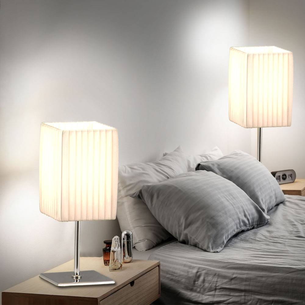 2er Set Tischleuchten schaltbar Nachttischleuchten Textilschirm weiß, 1x E14 max. 40 Watt, LxBxH 10x10x26cm, Wohnzimmer Schlafzimmer