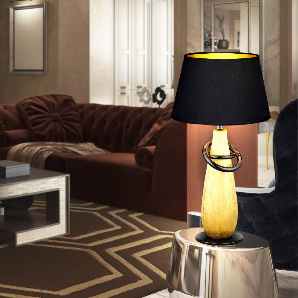 Tisch Lampe Schlafzimmer Textil Schirm Lese Keramik Leuchte gold im Set inkl. LED Leuchtmittel