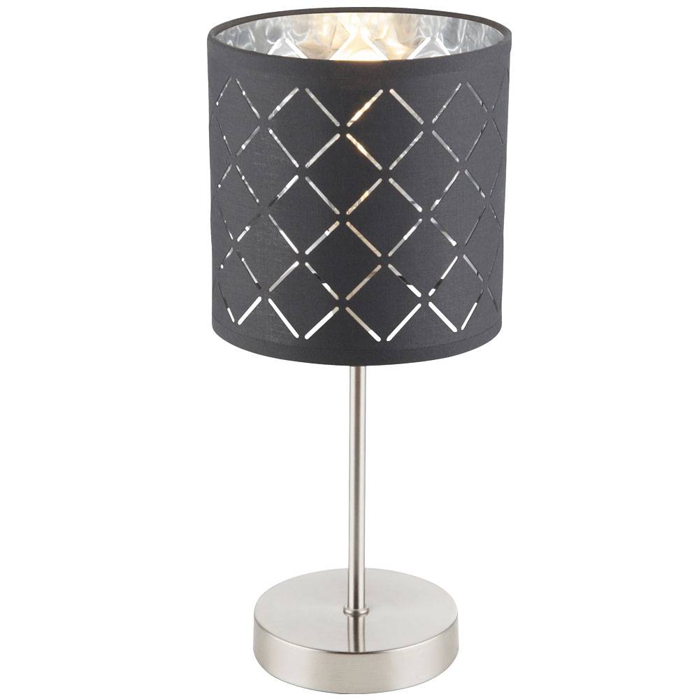 Nachttischleuchte Textil grau Tischleuchte Beistellleuchte Tischlampe Stoffschirm silber, Nickel matt metallic, 1x E14, DxH 15x35 cm