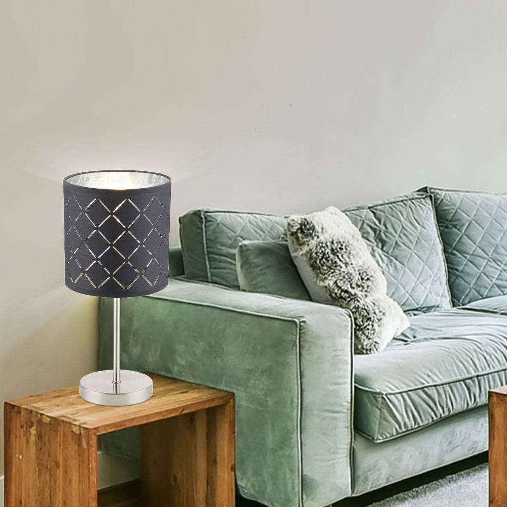 Nachttischleuchte Textil grau Tischleuchte Beistellleuchte Tischlampe Stoffschirm silber, Nickel matt metallic, 1x E14, DxH 15x35 cm