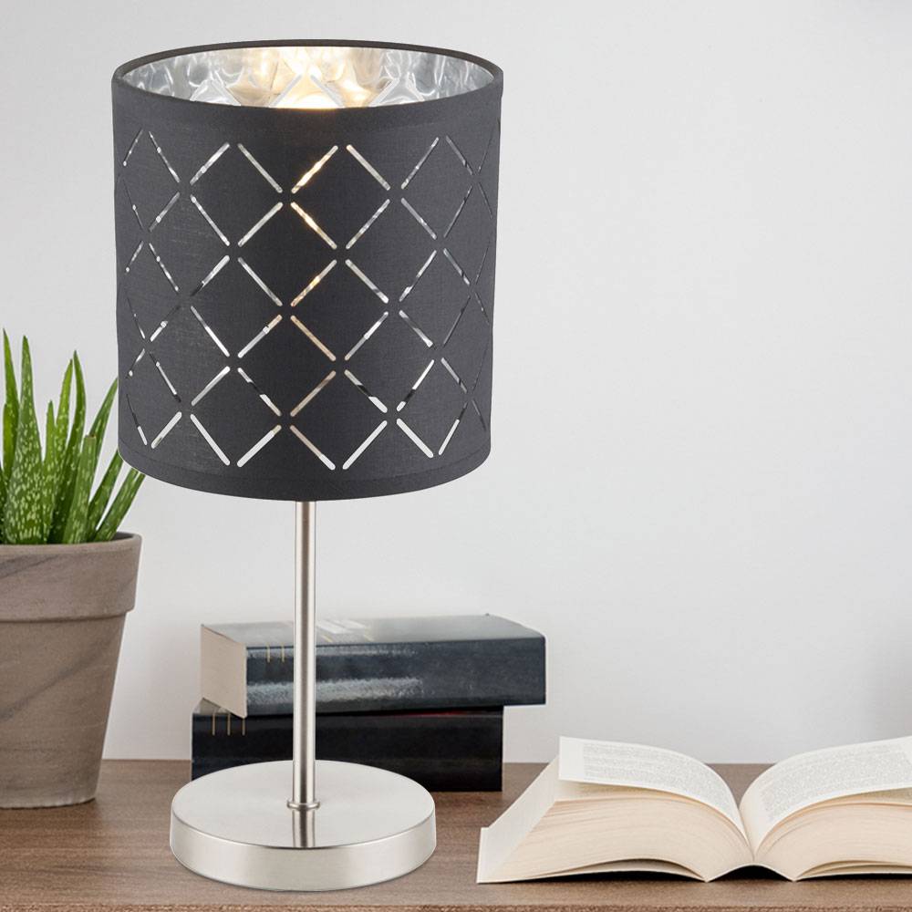 Nachttischleuchte Textil grau Tischleuchte Beistellleuchte Tischlampe Stoffschirm silber, Nickel matt metallic, 1x E14, DxH 15x35 cm