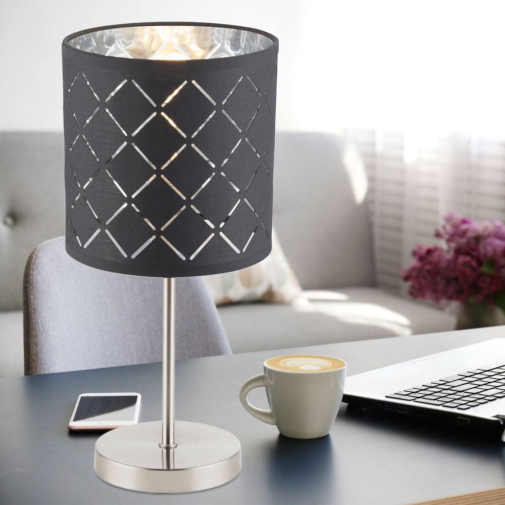 Nachttischleuchte Textil grau Tischleuchte Beistellleuchte Tischlampe Stoffschirm silber, Nickel matt metallic, 1x E14, DxH 15x35 cm