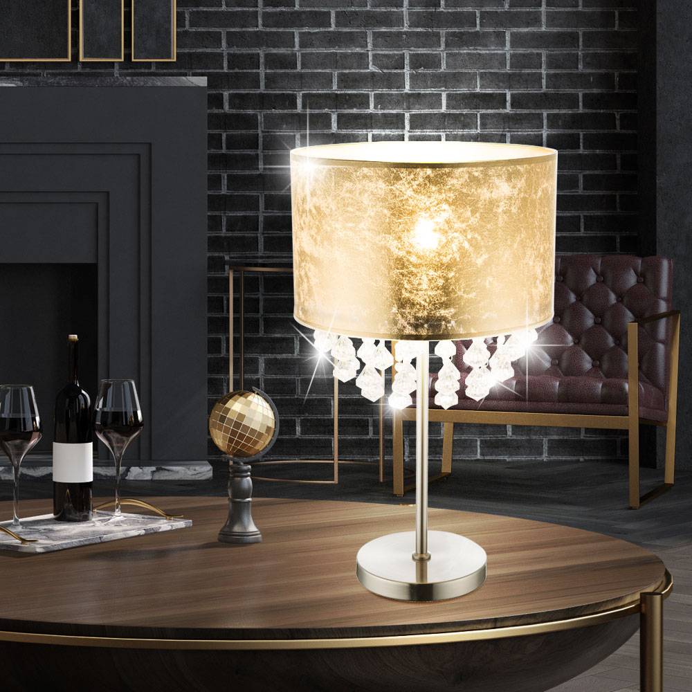 Tischleuchte Lampe Kristallleuchte Leselampe Leuchte Schlafzimmer, Kristalldekor klar Lampenschirm Blattgold Nickel matt, 1x E27 Fassung, DxH 32x56