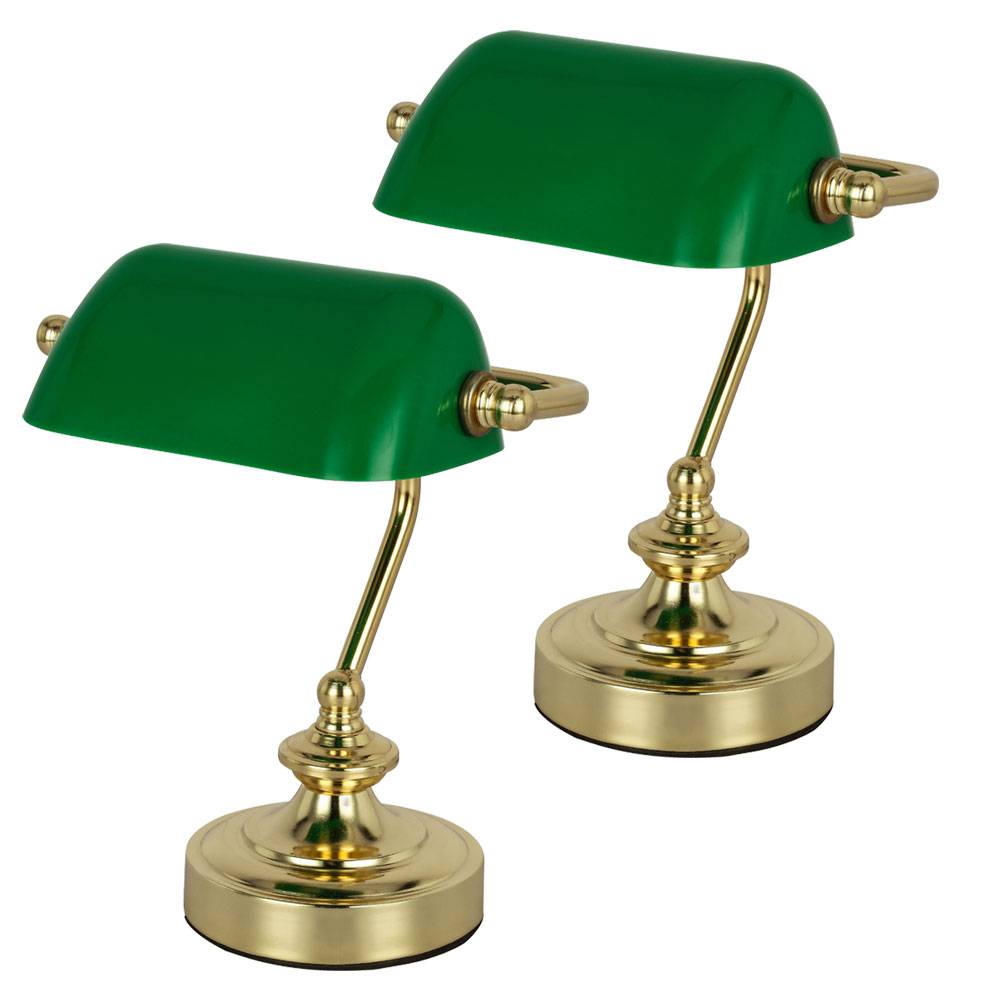 2x Bankerlampe Retro Leuchte Vintage Beleuchtung 20er Design Büro Flur Leselampe Messing Glas-Schirm Wohn- Ess- Zimmer