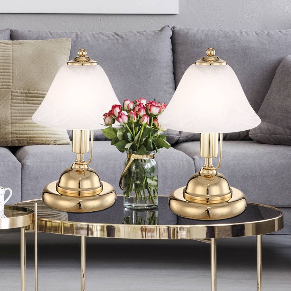 Tischlampe Tischleuchte Bürolampe Leseleuchte, Touchschalter, Höhe 27 cm, Messing-Gold Glas Alabasteroptik, 2er Set