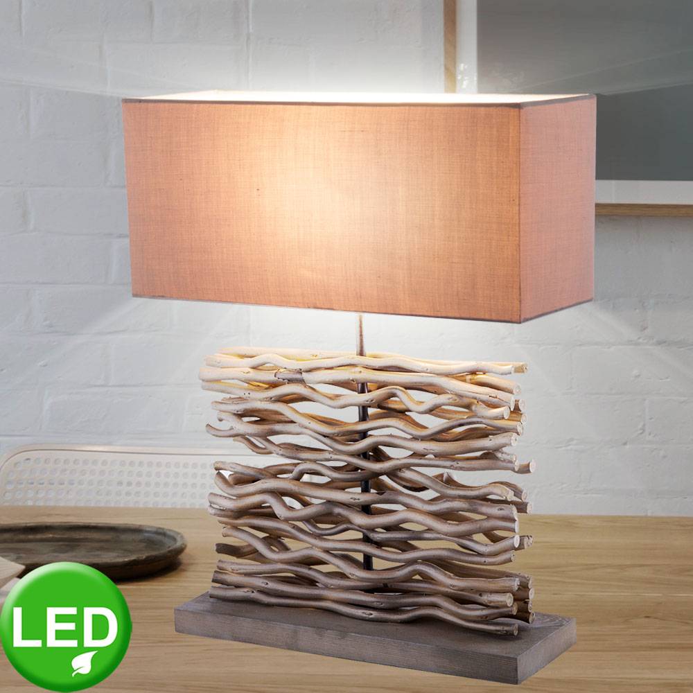 Schreib Nacht Tisch Lampe Wohn Ess Schlaf Zimmer Beistell Leuchte Textil Holz Strahler im Set inkl. LED Leuchtmittel