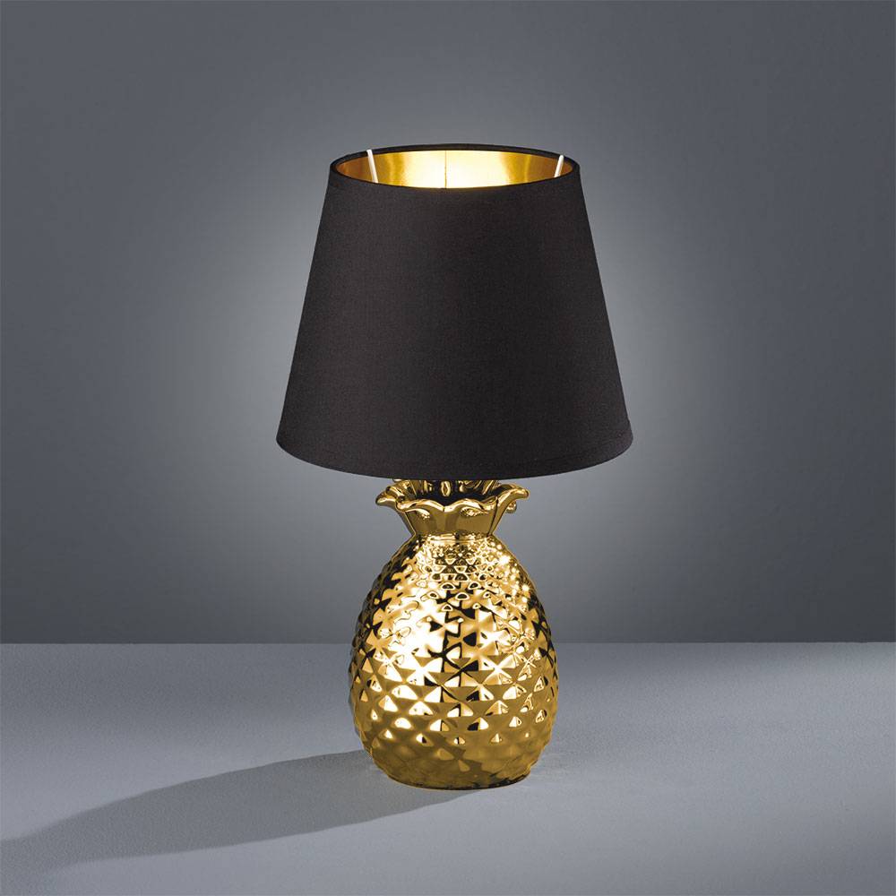Tischleuchte Tischlampe Beistellleuchte Vintage Nachtlicht Schlafzimmer, Retro Ananasoptik, Keramik gold Textil schwarz, 1x E14 Fassung, DxH 20x35