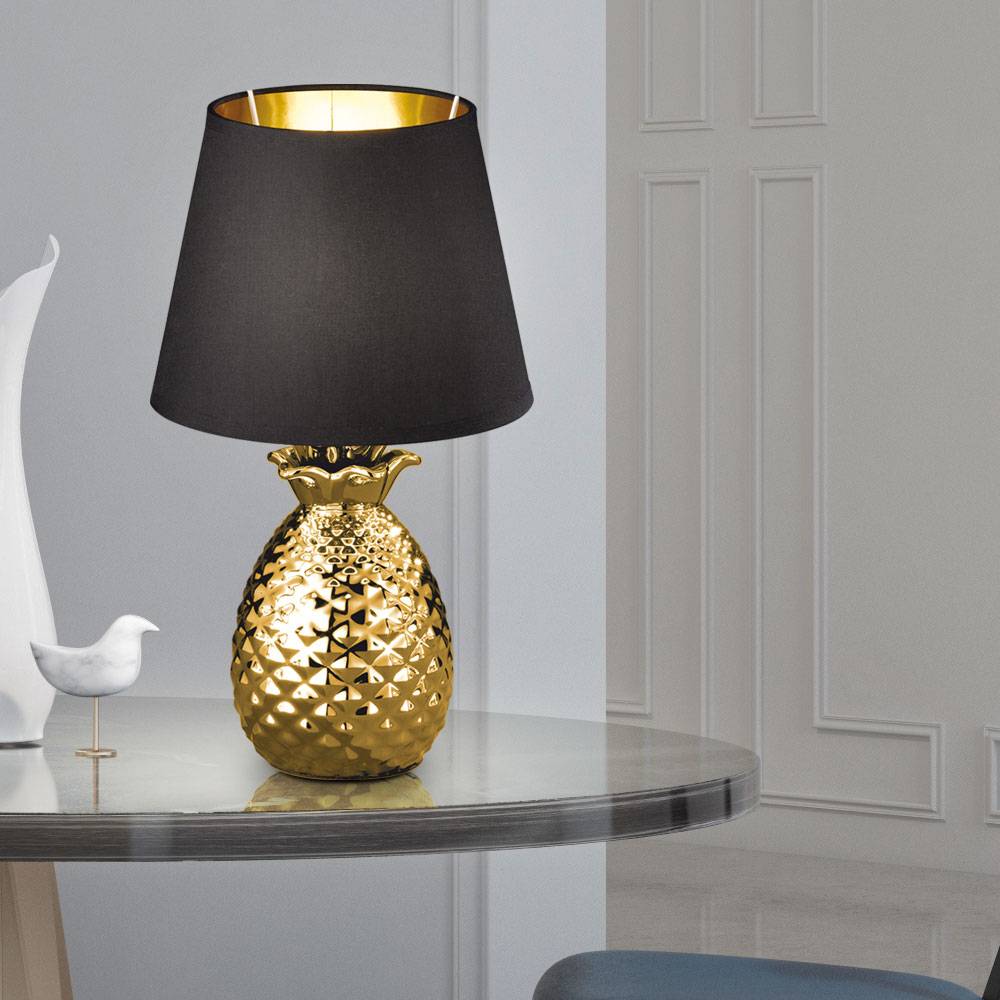 Tischleuchte Tischlampe Beistellleuchte Vintage Nachtlicht Schlafzimmer, Retro Ananasoptik, Keramik gold Textil schwarz, 1x E14 Fassung, DxH 20x35