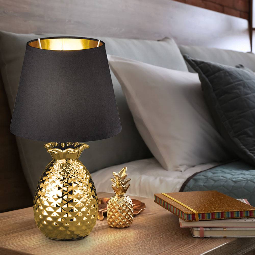 Tischleuchte Tischlampe Beistellleuchte Vintage Nachtlicht Schlafzimmer, Retro Ananasoptik, Keramik gold Textil schwarz, 1x E14 Fassung, DxH 20x35