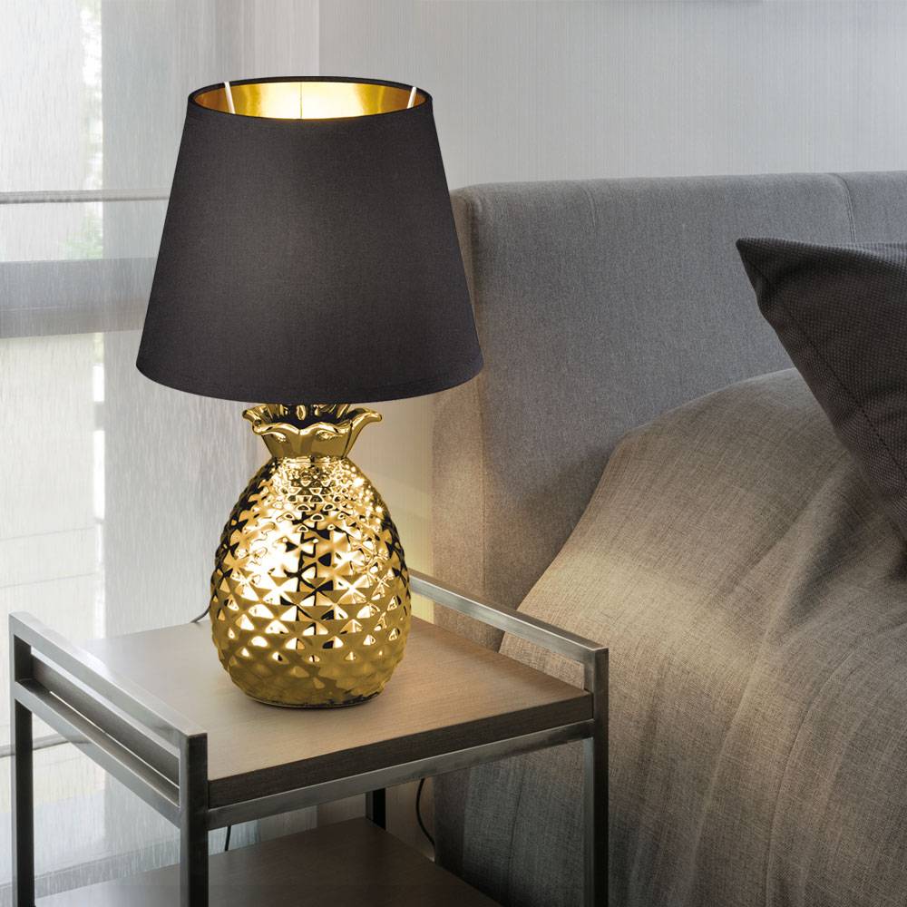 Tischleuchte Tischlampe Beistellleuchte Vintage Nachtlicht Schlafzimmer, Retro Ananasoptik, Keramik gold Textil schwarz, 1x E14 Fassung, DxH 20x35