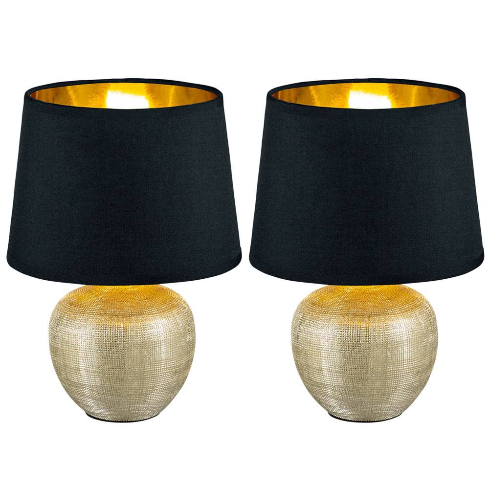 Tischleuchte Tischlampe Nachtlampe, Keramik Textil, Gold-Schwarz, 1x E14 Fassung, DxH 18x26 cm, Schreibischlampe Nachttischleuchte - 2er Set