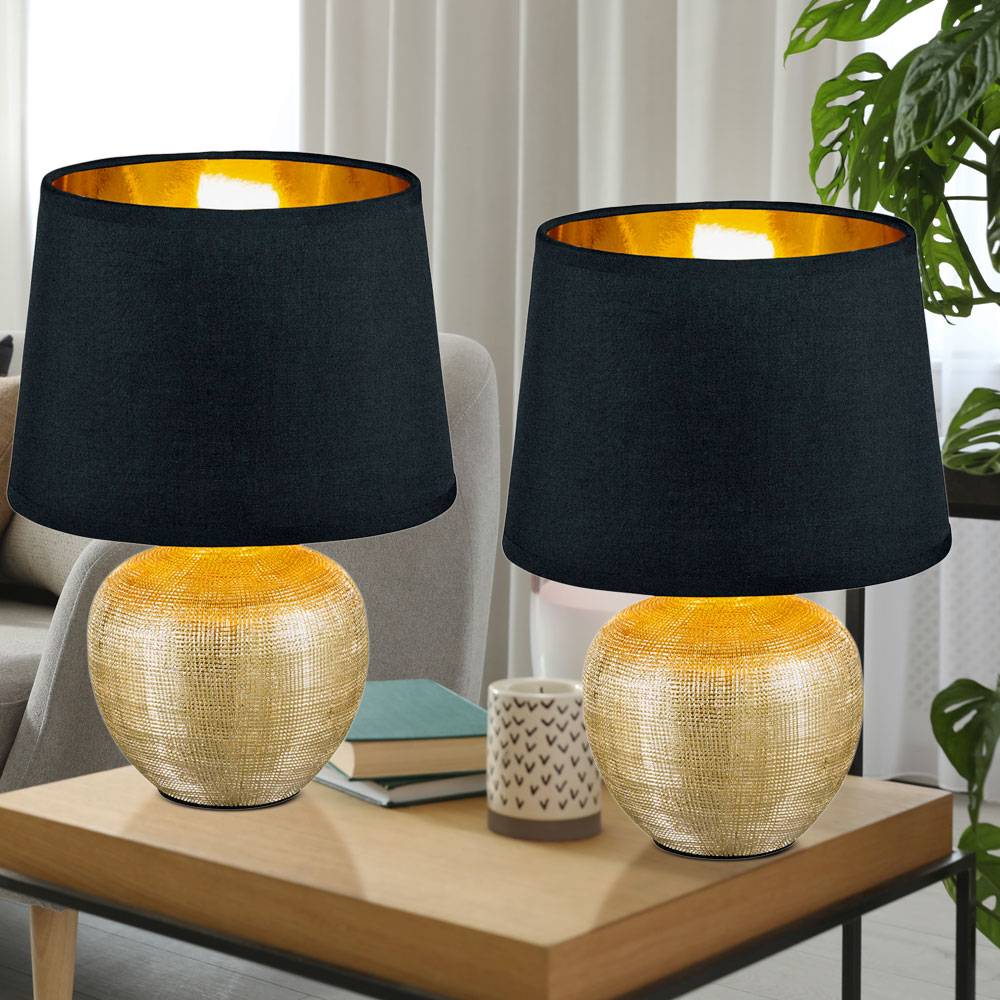 Tischleuchte Tischlampe Nachtlampe, Keramik Textil, Gold-Schwarz, 1x E14 Fassung, DxH 18x26 cm, Schreibischlampe Nachttischleuchte - 2er Set