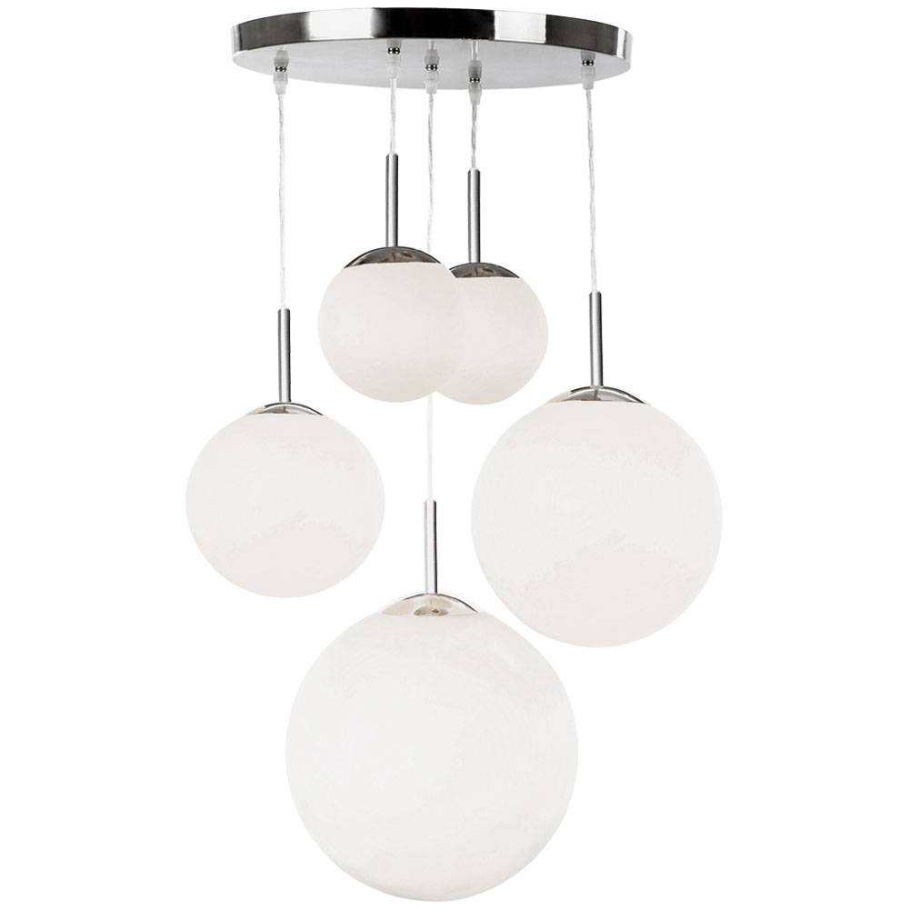 Hängelampe Esstisch Pendelleuchte modern Wohnzimmerlampe silber, Hängeleuchte 5-flammig Design Glas Kugel opal, Metall, 5x E27 Fassung, DxH 50x90 cm