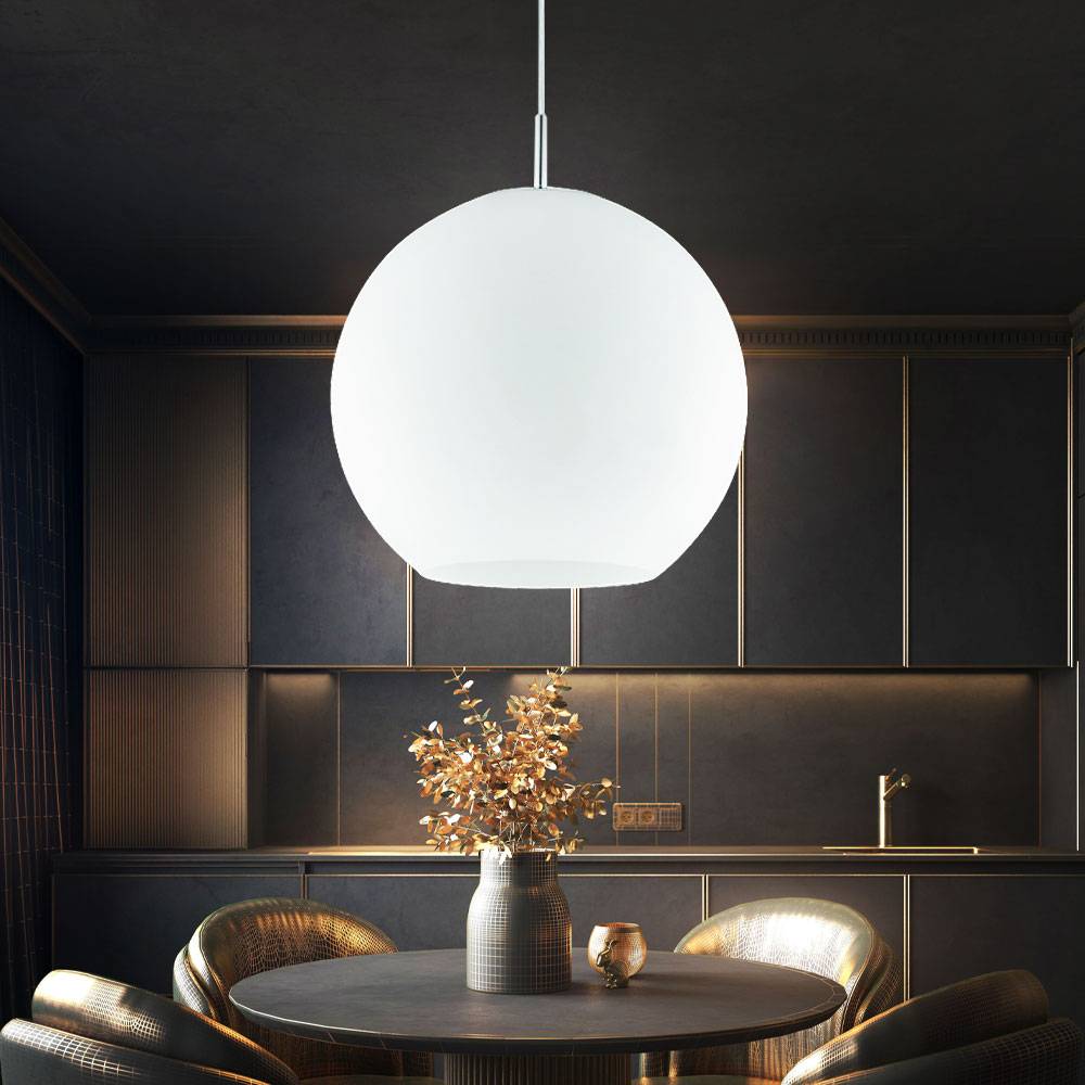 Pendelleuchte Glaskugel Kugelleuchte weiß Hängelampe Esszimmer Kugel, Glas weiß Nickel matt, 1x E27 Fassung, DxH 30x150cm
