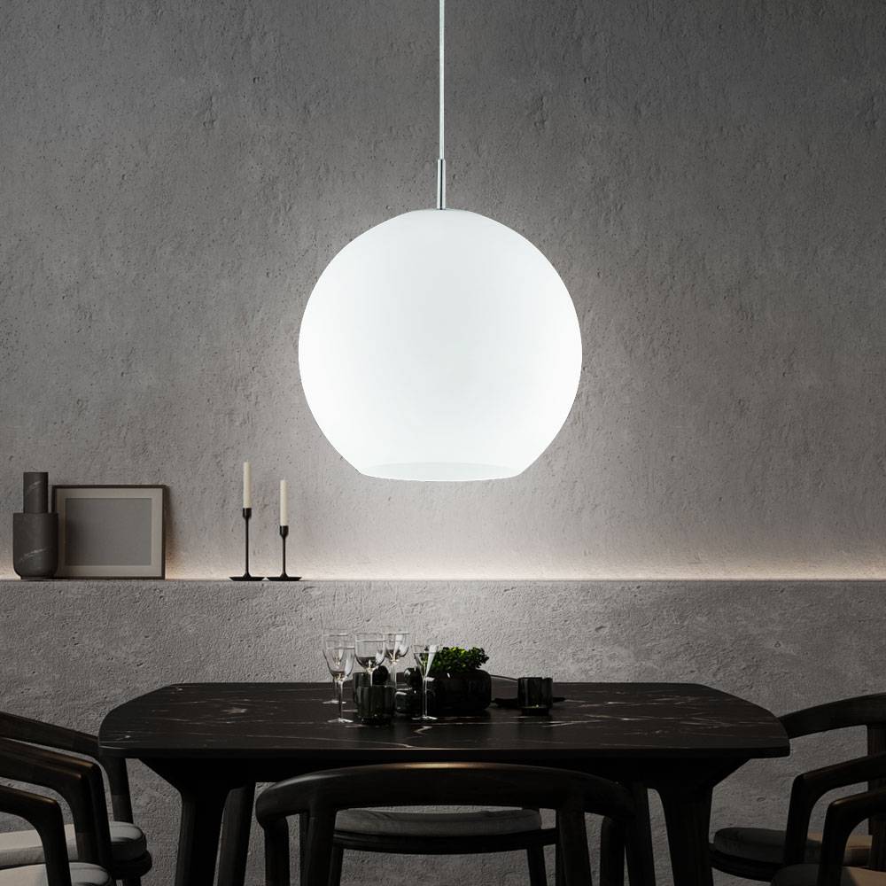 Pendelleuchte Glaskugel Kugelleuchte weiß Hängelampe Esszimmer Kugel, Glas weiß Nickel matt, 1x E27 Fassung, DxH 30x150cm