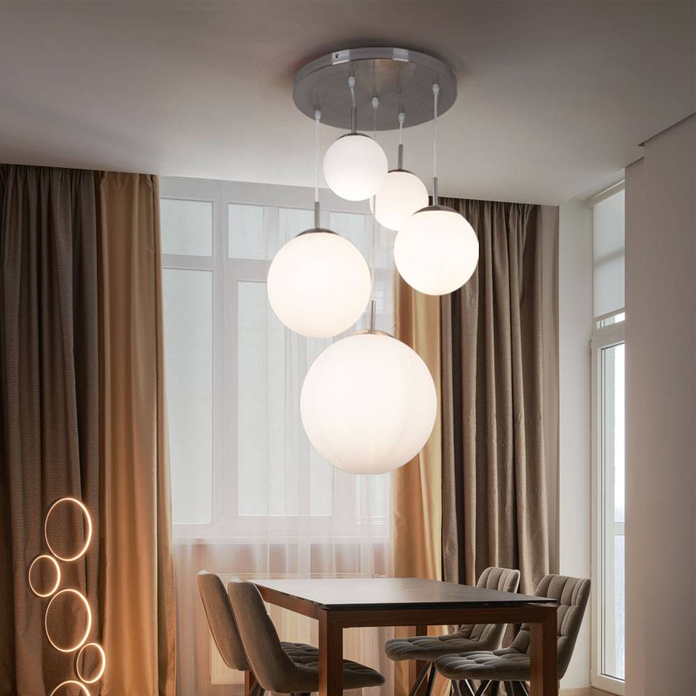 Decken Pendel Leuchte 5 Glas Kugeln Chrom Design Hänge Lampe Wohn Ess Schlaf Zimmer Beleuchtung im Set inklusive LED Leuchtmittel