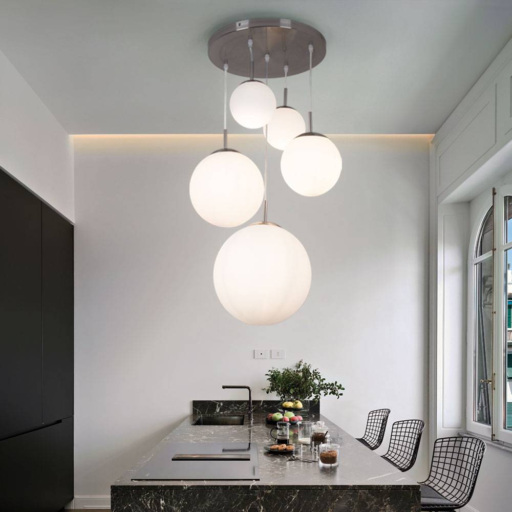 Decken Pendel Leuchte 5 Glas Kugeln Chrom Design Hänge Lampe Wohn Ess Schlaf Zimmer Beleuchtung im Set inklusive LED Leuchtmittel