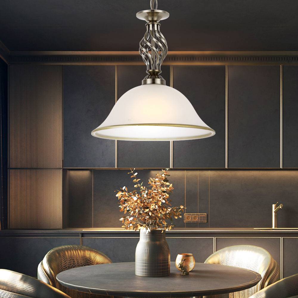 Pendellampe Hängeleuchte Glasleuchte Küchen Deckenleuchte Beleuchtung Glas satiniert, Lampenrand Altmessing, 1 x E27 Fasung, DxH: 30x120 cm