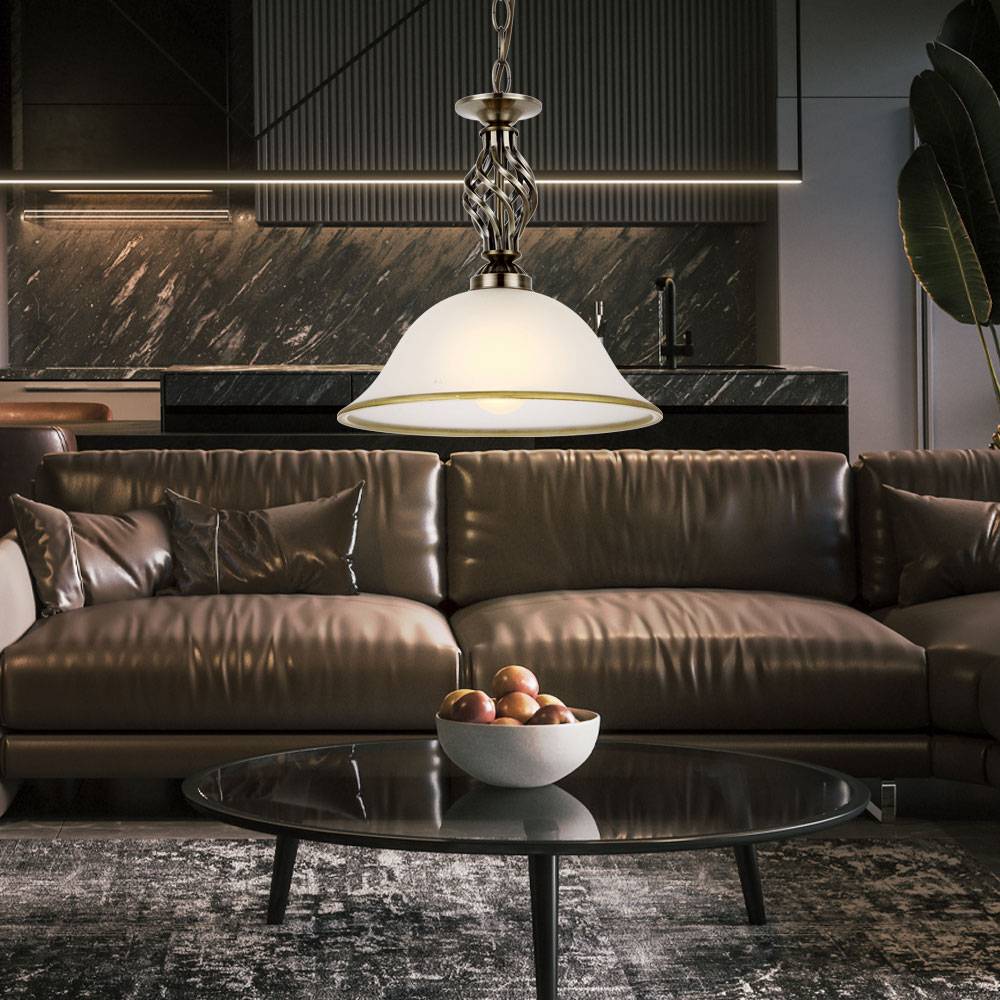 Pendellampe Hängeleuchte Glasleuchte Küchen Deckenleuchte Beleuchtung Glas satiniert, Lampenrand Altmessing, 1 x E27 Fasung, DxH: 30x120 cm