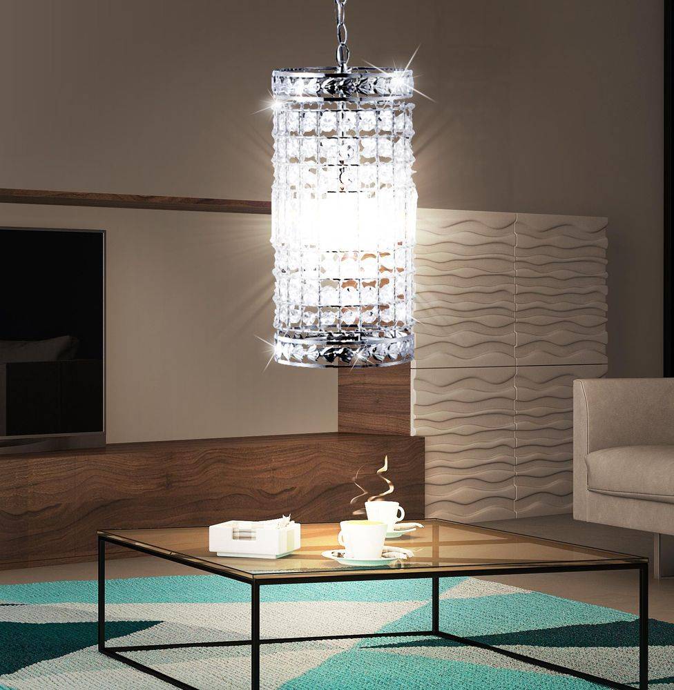 Pendelleuchte Hängelampe Hängeleuchte Pendellampe Deckenpendel Wohnzimmer, Stahl Acryl Kristalle Chromfärbung länglich, 1x E27 Fassung, DxH 19x150