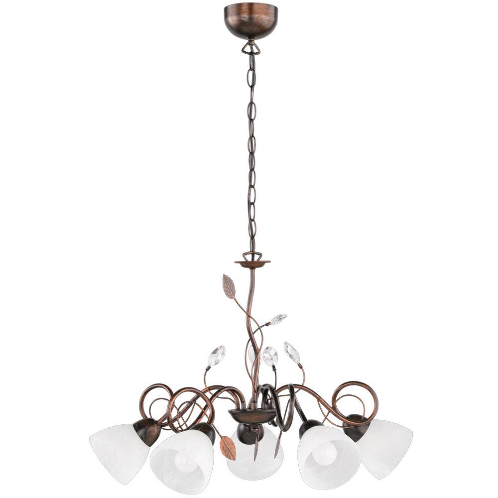 Kronleuchter Lüster Luster Hängeleuchte Wohnzimmer, 5 flammig Metall Glas antik rostfarbig Kristallblätter, 5x E14 Fassungen, DxH 70x150 cm