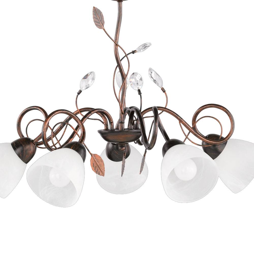 Kronleuchter Lüster Luster Hängeleuchte Wohnzimmer, 5 flammig Metall Glas antik rostfarbig Kristallblätter, 5x E14 Fassungen, DxH 70x150 cm