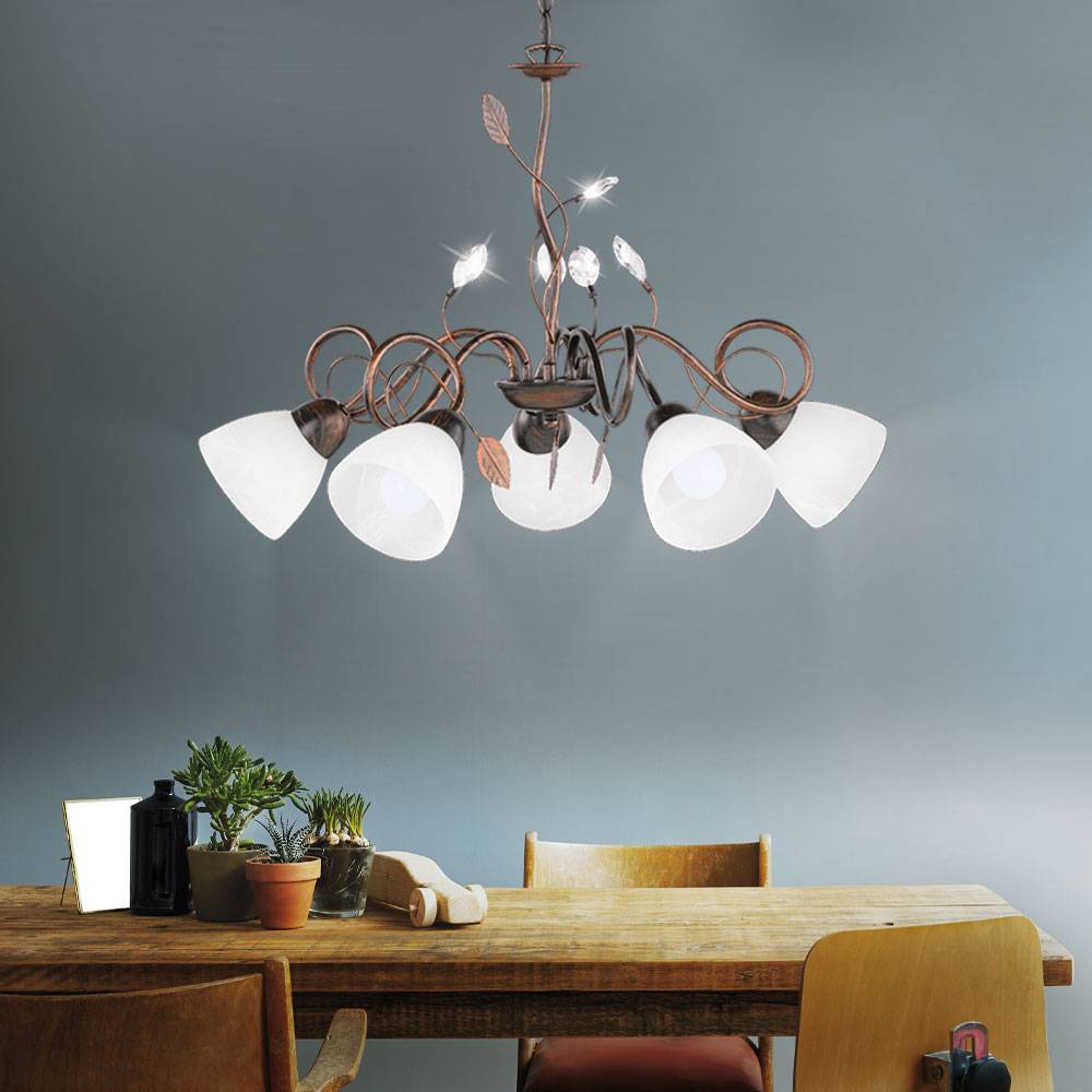 Kronleuchter Lüster Luster Hängeleuchte Wohnzimmer, 5 flammig Metall Glas antik rostfarbig Kristallblätter, 5x E14 Fassungen, DxH 70x150 cm
