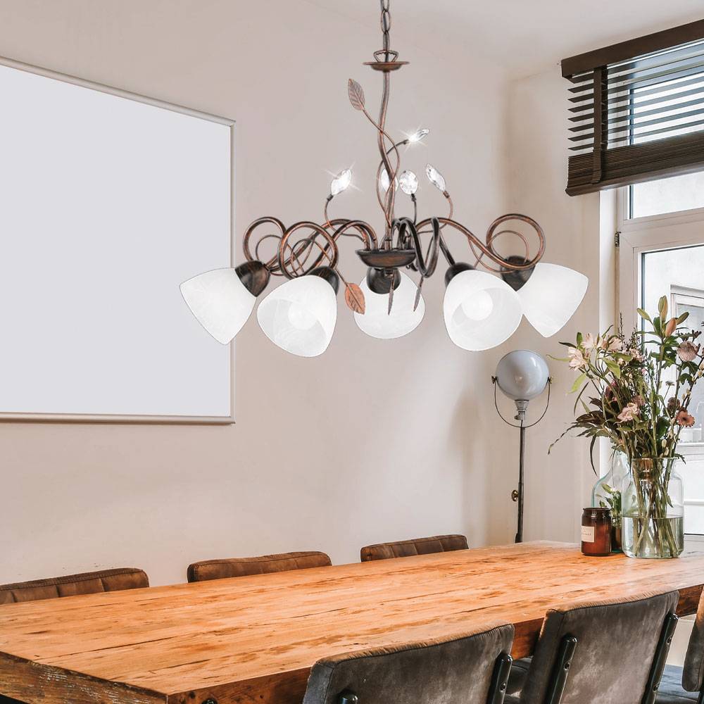 Kronleuchter Lüster Luster Hängeleuchte Wohnzimmer, 5 flammig Metall Glas antik rostfarbig Kristallblätter, 5x E14 Fassungen, DxH 70x150 cm