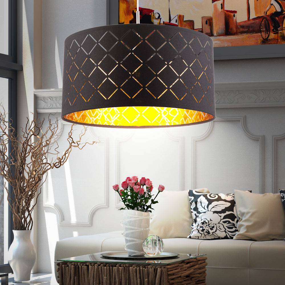 Hängelampe schwarz Esstisch Pendellampe modern Wohnzimmerleuchte, Textil Schirm rund, Metall gold, DxH 40x140 cm