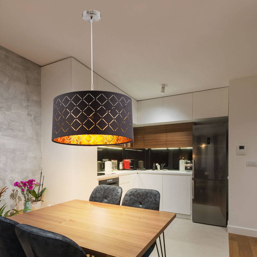 Pendellampe Hängelampe schwarz Esstisch modern Wohnzimmerleuchte, Textil Schirm rund, Metall gold, DxH 40x140 cm