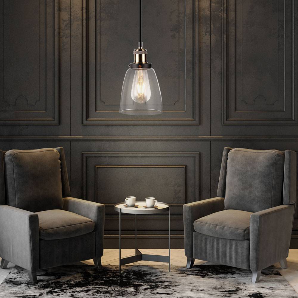 Pendelleuchte Schirmleuchte Hängelampe Pendellampe Hängeleuchte Esszimmer, Metall Glas transparent schwarz, 1x E27 Fassung, DxH 14x113 cm