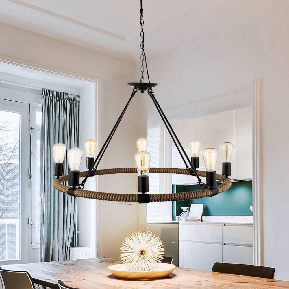 Pendelleuchte 8 Flammig Kronleuchter Rustikal Hanfseil Hängeleuchte Esszimmer Landhausstil, braun schwarz Metall, 8x E27, DxH 80 x 130 cm
