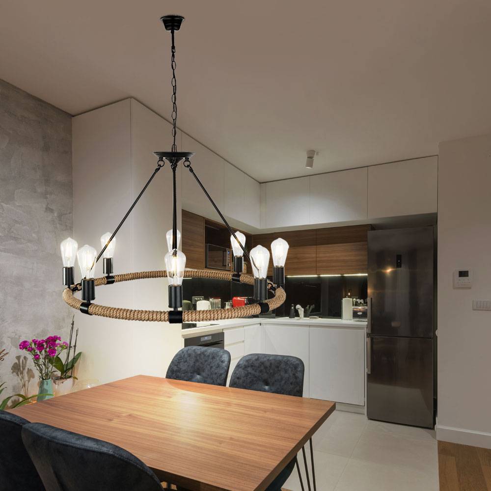 Pendelleuchte 8 Flammig Kronleuchter Rustikal Hanfseil Hängeleuchte Esszimmer Landhausstil, braun schwarz Metall, 8x E27, DxH 80 x 130 cm
