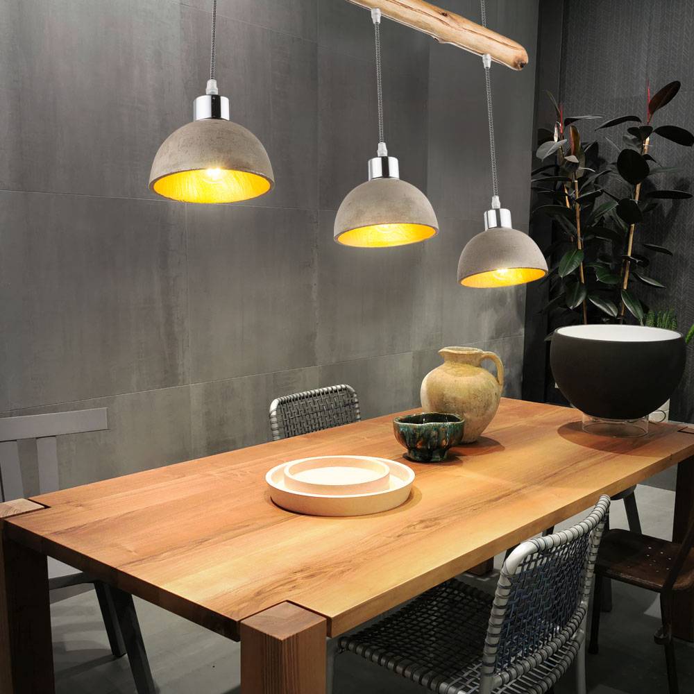 Pendellampe Hängelampe Hängeleuchte Holzlampe Leuchte Pendelleuchte Esszimmerlampe, 3 Flammig Landhaus, Beton gold natur Metall nickel, E27 Fassunge