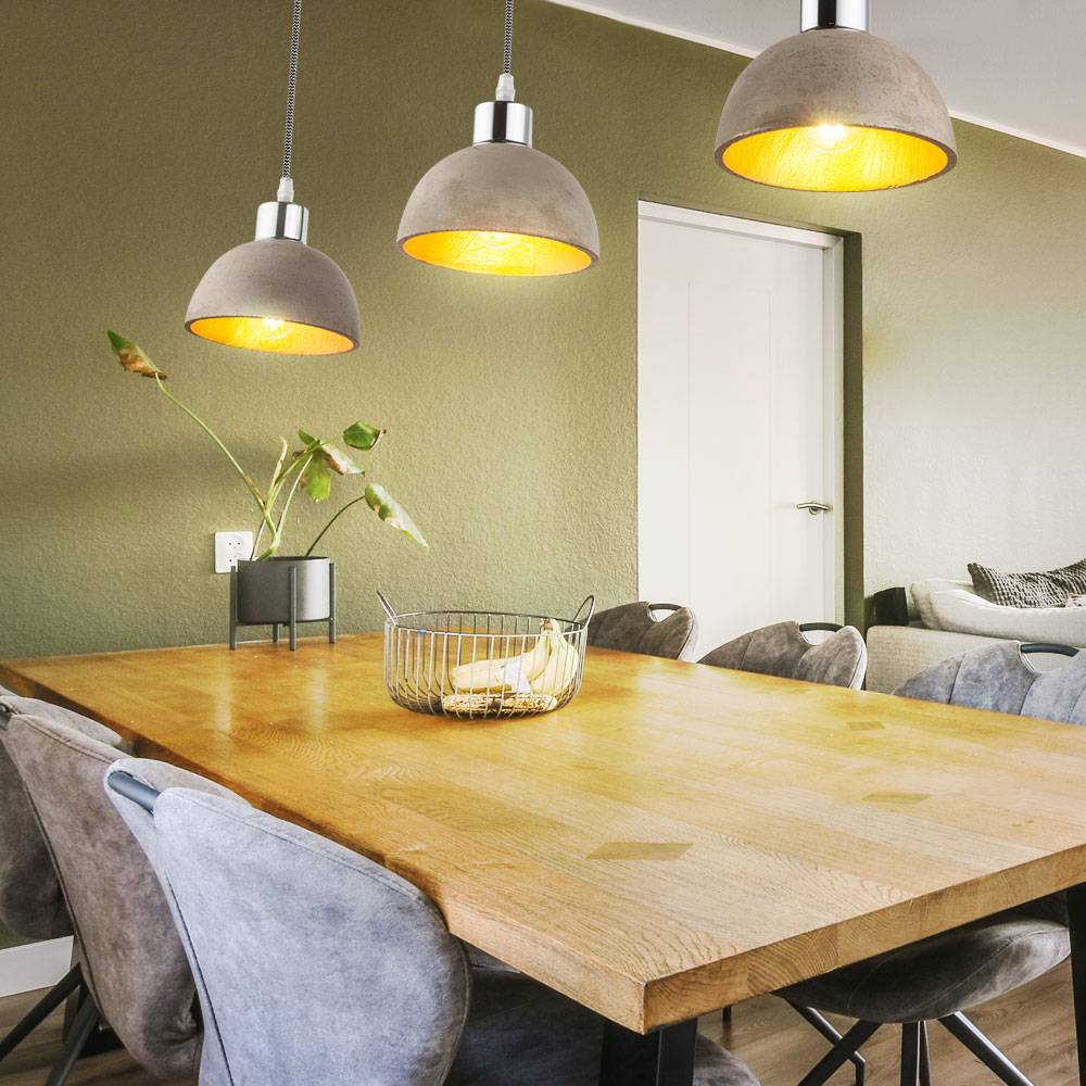 Pendellampe Hängelampe Hängeleuchte Holzlampe Leuchte Pendelleuchte Esszimmerlampe, 3 Flammig Landhaus, Beton gold natur Metall nickel, E27 Fassunge