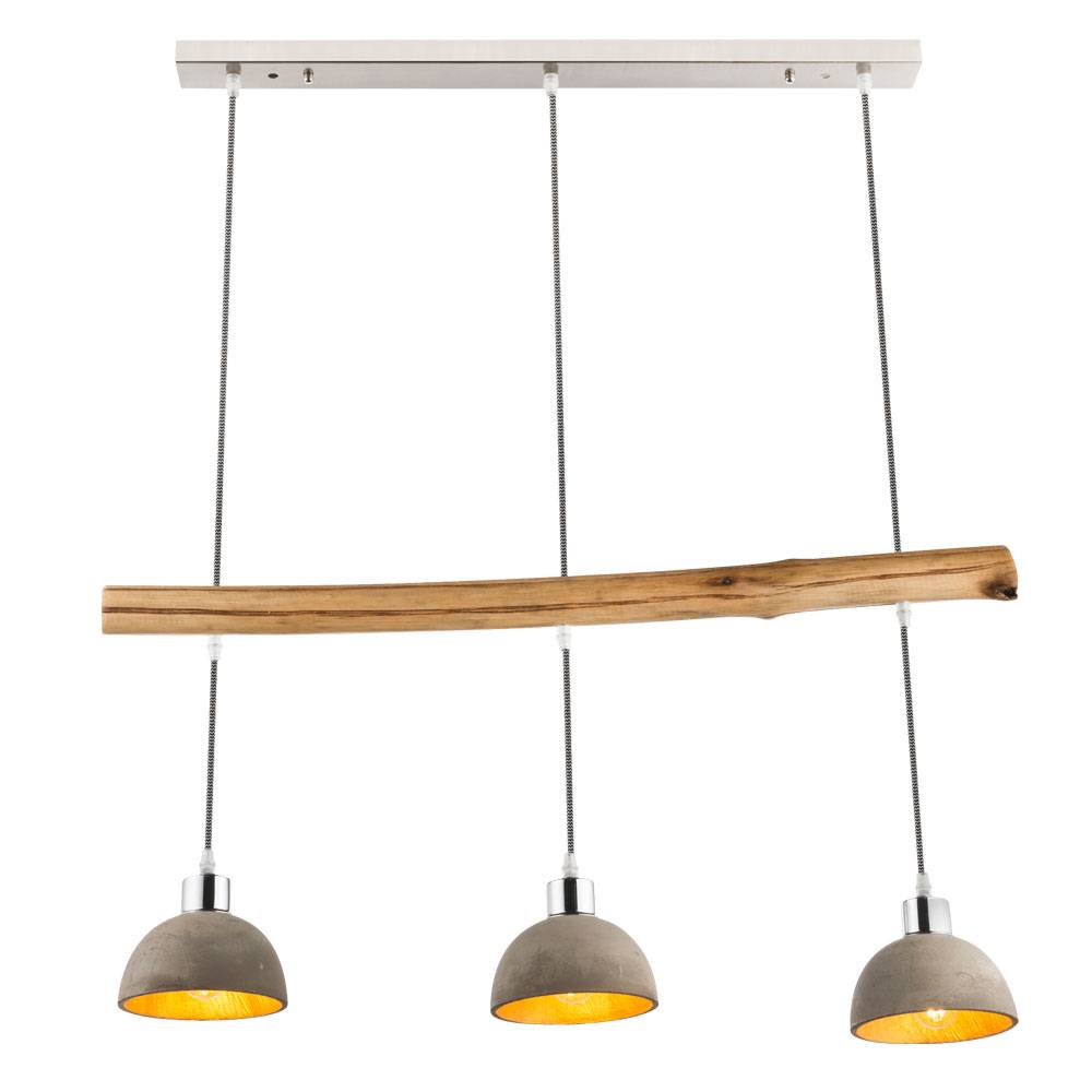 Pendellampe Hängelampe Hängeleuchte Holzlampe Leuchte Pendelleuchte Esszimmerlampe, 3 Flammig Landhaus, Beton gold natur Metall nickel, E27 Fassunge