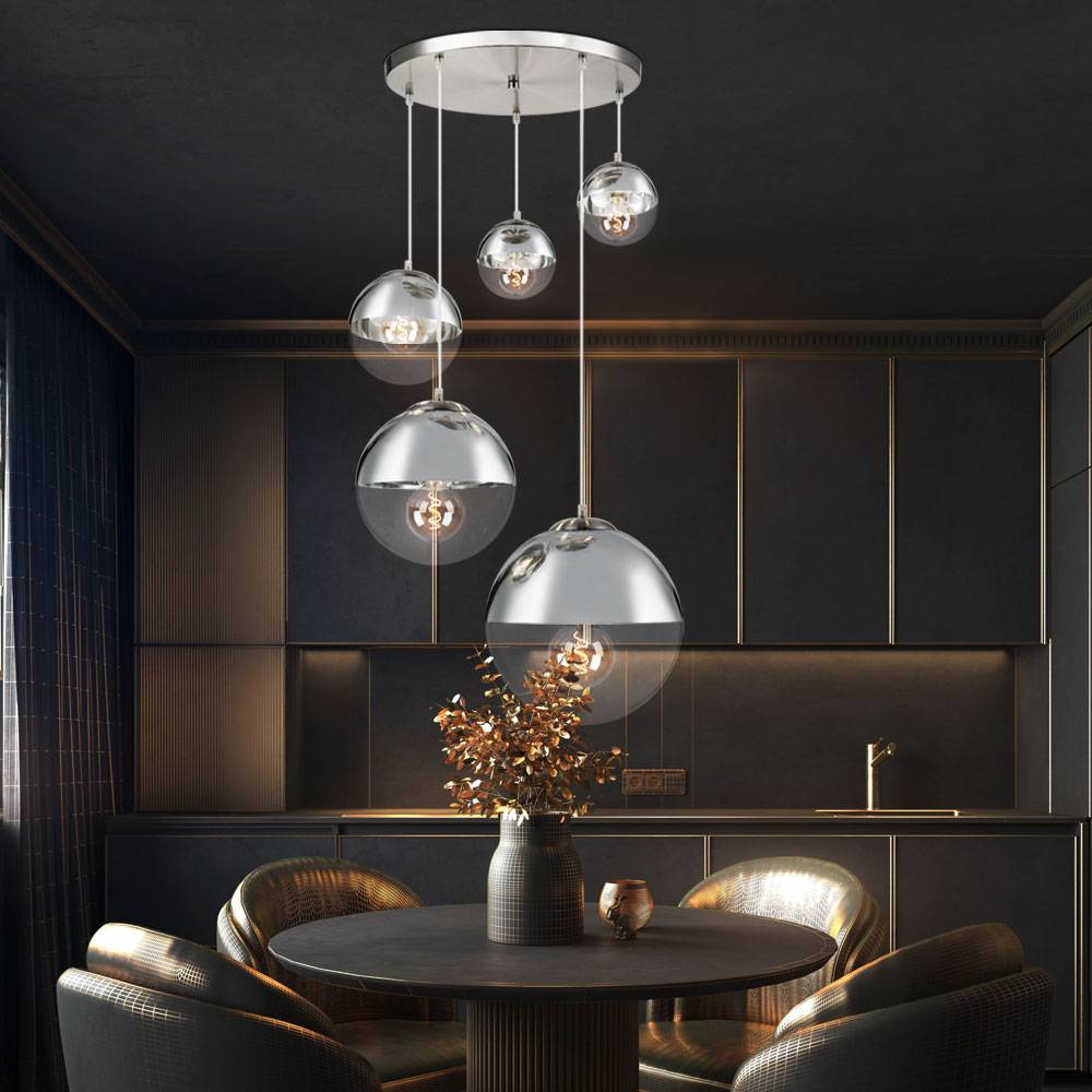 Hängeleuchte Esszimmer Modern Esstischleuchte Glaskugeln 5 Flammig Kugelleuchte Glas Groß, Nickel-matt klar chromfarben, 5x E27, DxH 65x150 cm