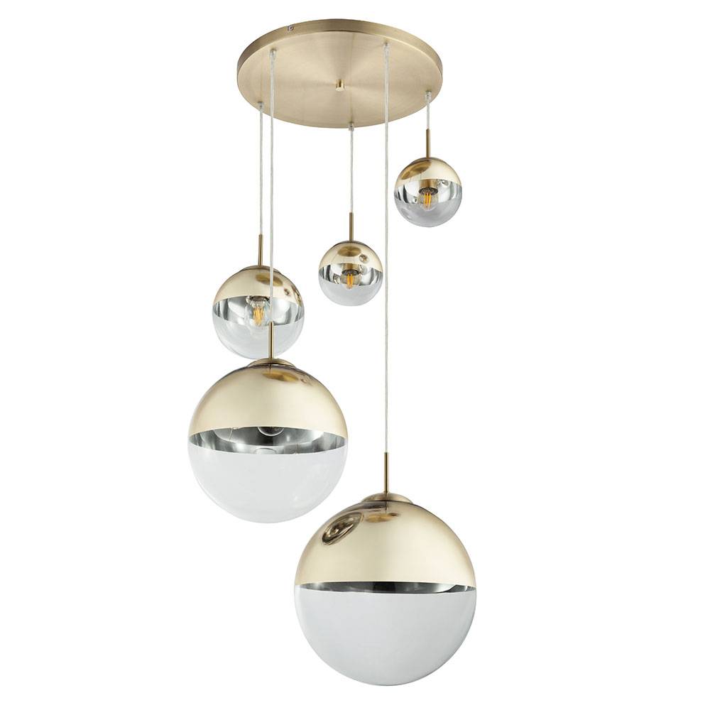 Pendelleuchte Esszimmer Hängelampe gold 5 flammig Wohnzimmerleuchte Loftlampe, Glas teilsatiniert, H 150 cm