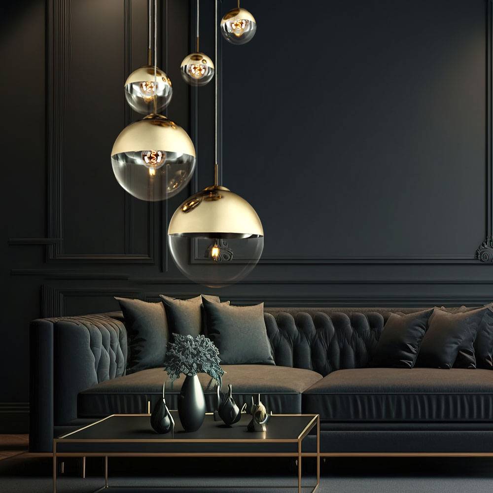 Pendelleuchte Esszimmer Hängelampe gold 5 flammig Wohnzimmerleuchte Loftlampe, Glas teilsatiniert, H 150 cm