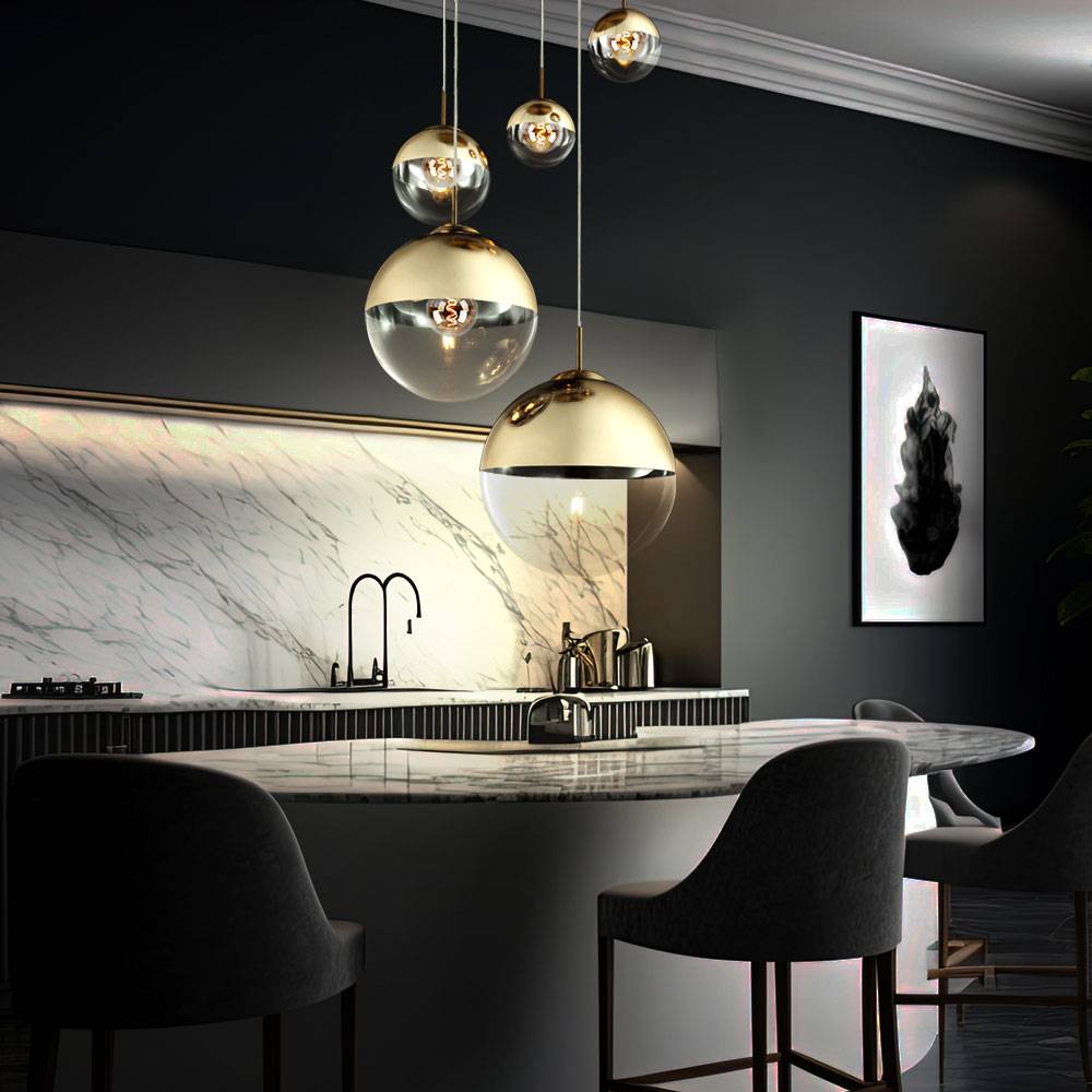 Pendelleuchte Esszimmer Hängelampe gold 5 flammig Wohnzimmerleuchte Loftlampe, Glas teilsatiniert, H 150 cm