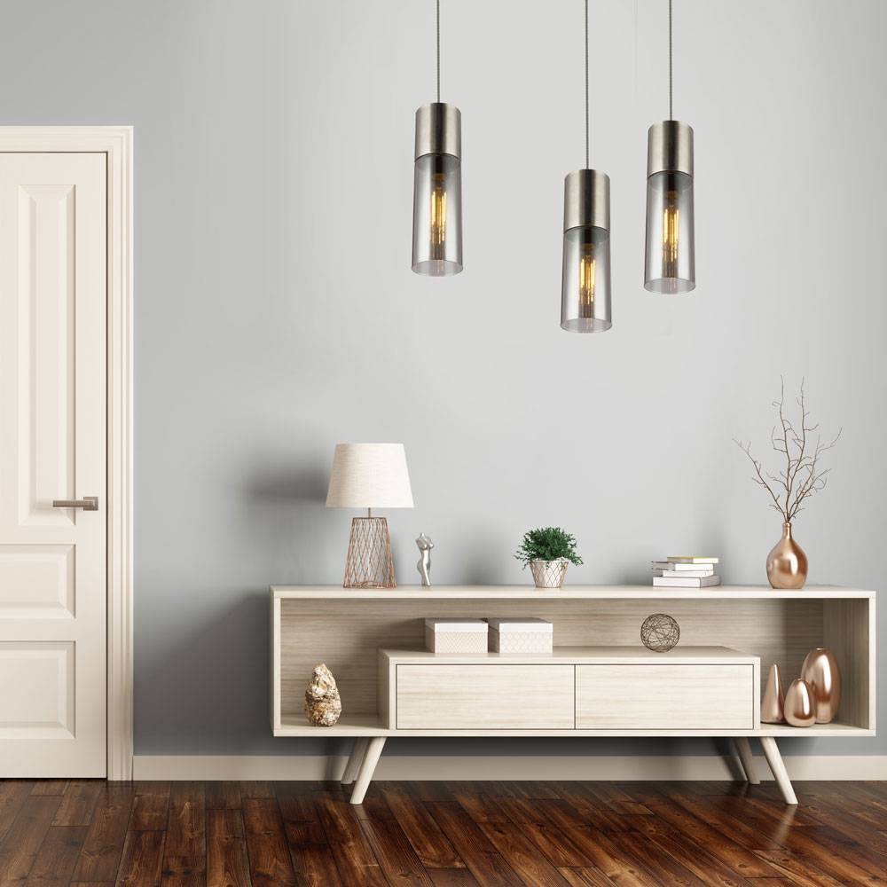 3er Set Pendel Decken Leuchten Wohn Ess Zimmer Glas Hänge Lampen rauch
