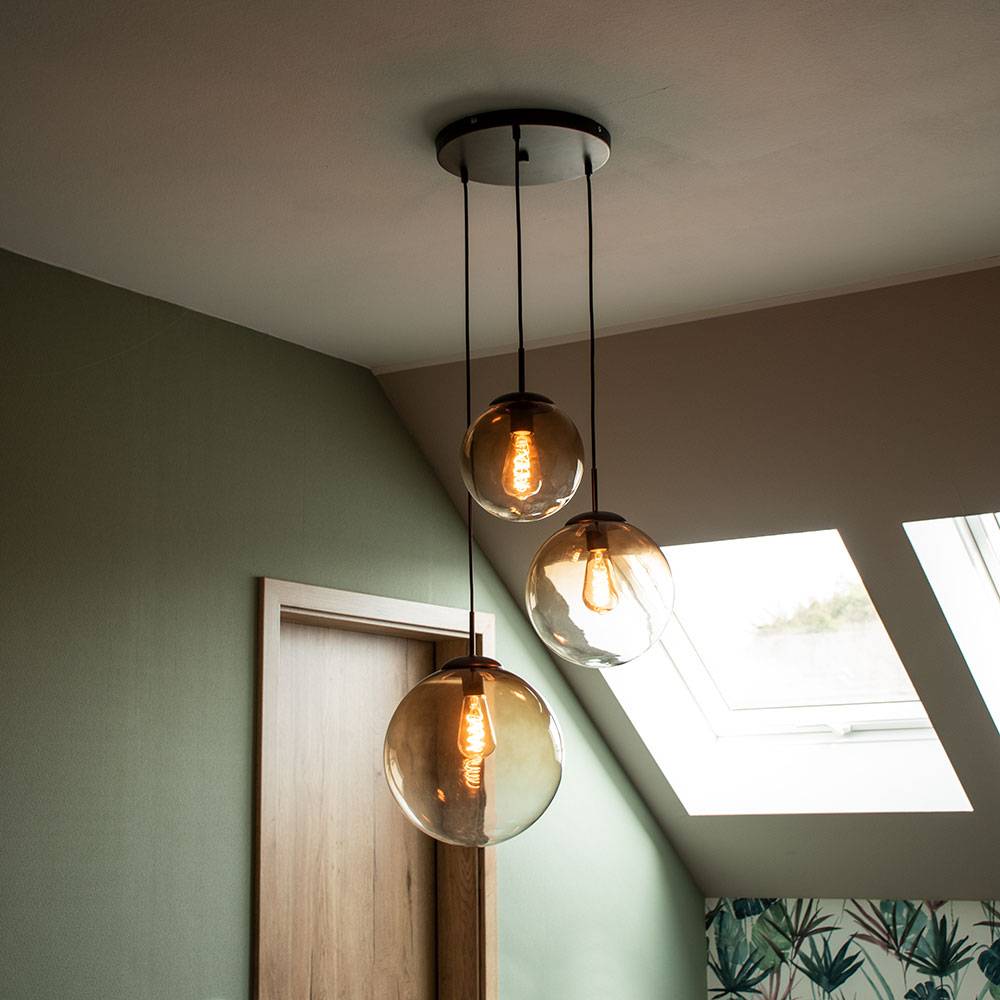 Pendelleuchte Hängelampe Esstischlampe Glas 3 flammig Glaskugel Hängelampe Glaskugel, Metall braun, 3x E27 Fassungen, DxH 51x120 cm