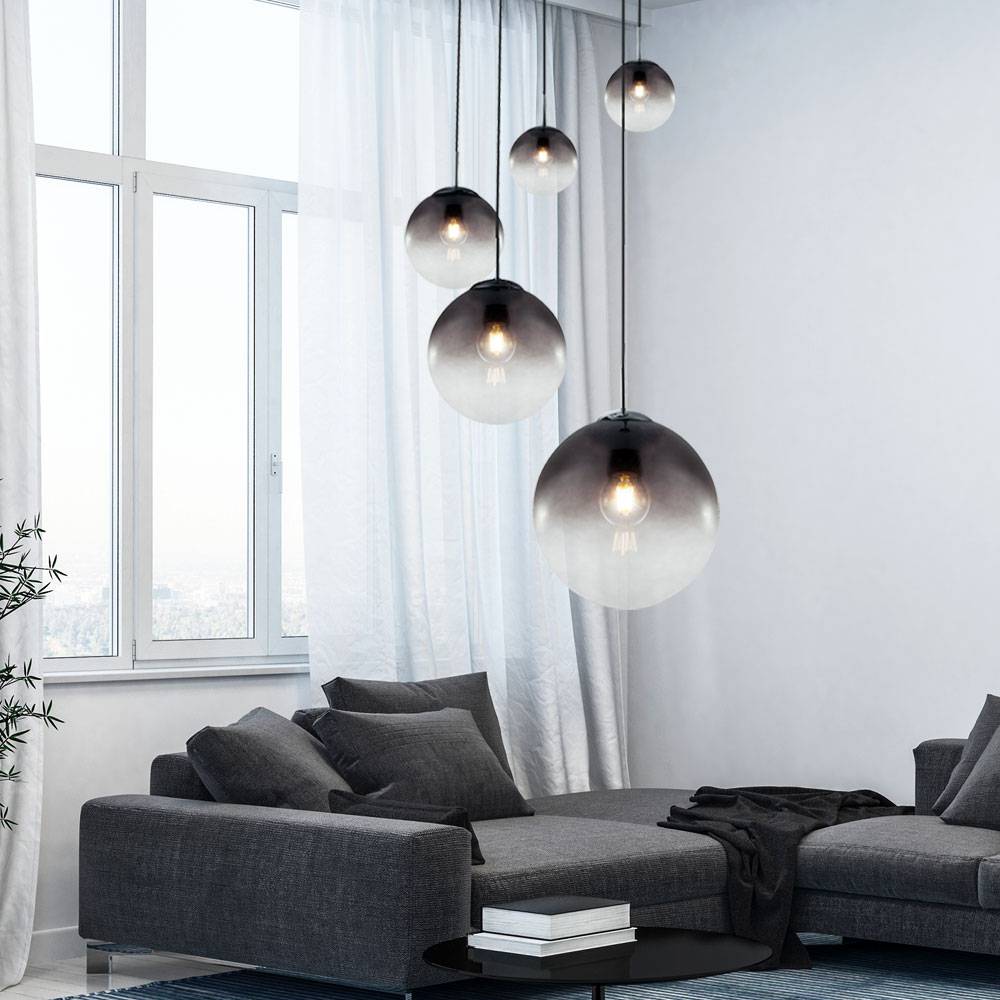 Decken Pendel Lampe Glas Kugel rauchfarben Ess Zimmer Leuchte Chrom im Set inkl. LED Leuchtmittel