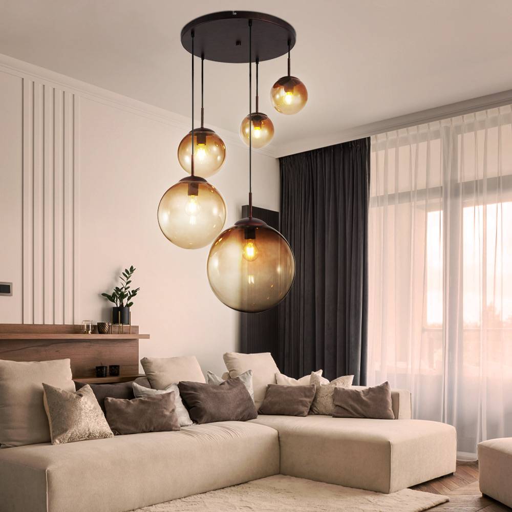 Decken Pendelleuchte mit Glas Lampenschirmen in amber Hängeleuchte 5 flammig Retro Hängelampe, 5x E27, Höhe 150 cm, Kugeln in verschiedenen Größe