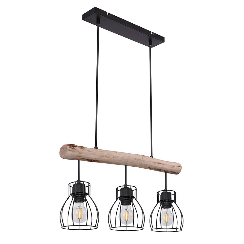 Holz Design Hängeleuchte mit Gitter Lampenschirmen Pendelleuchte mit Holzbalken 3 flammig, Metall schwarz Holz natur, 5x E27 max 40 Watt, LxBxH 60x1