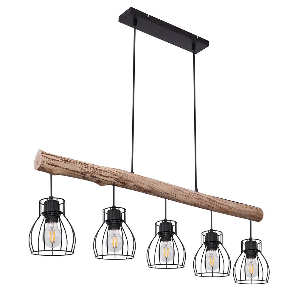 Holz Design Hängeleuchte mit Gitter Lampenschirmen Pendelleuchte mit Holzbalken 5 flammig, Metall schwarz Holz natur, 5x E27 max 40 Watt, LxBxH 100x