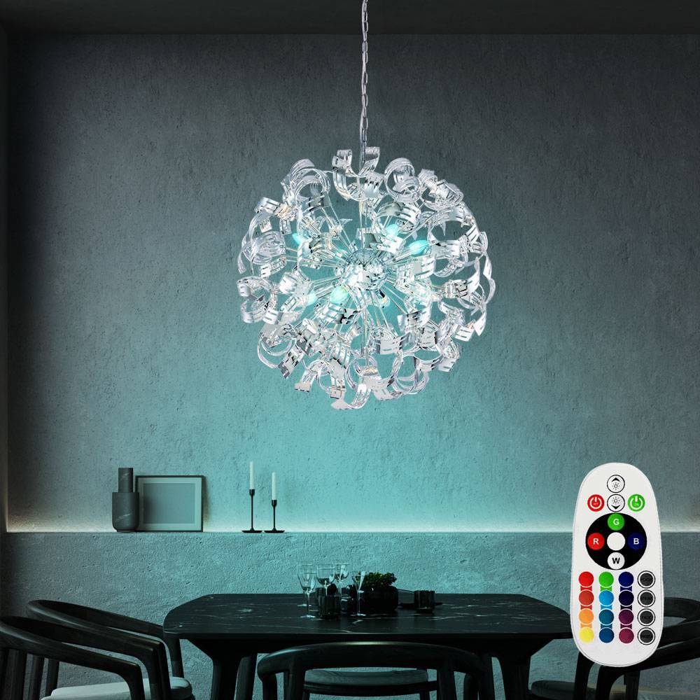 LED Hängelampe dimmbar mit Fernbedienung Pendelleuchte Wohnzimmerlampe Designlampe Chrom Esszimmerleuchte, RGB Farbwechsel, 8x 3,5W 320lm warmweiß